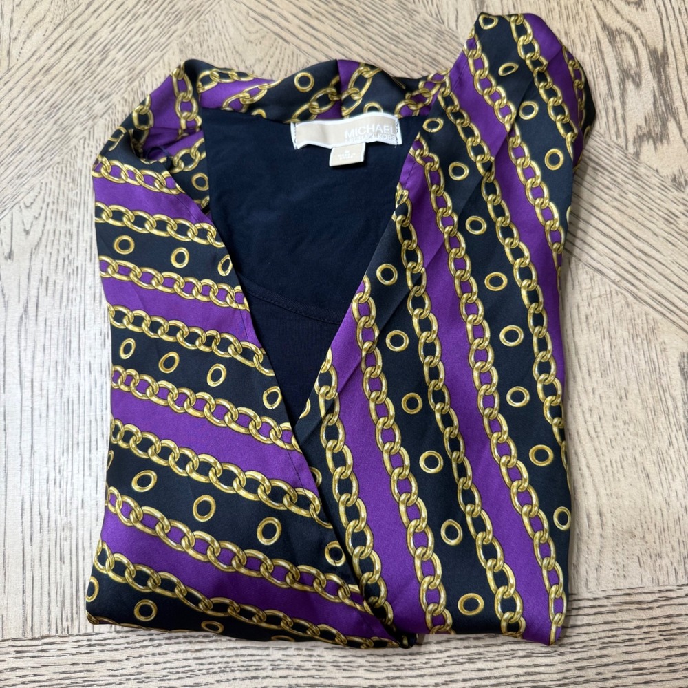 Michael Kors Women's Small Purple Black Gold Chain Print Blouse Drapey